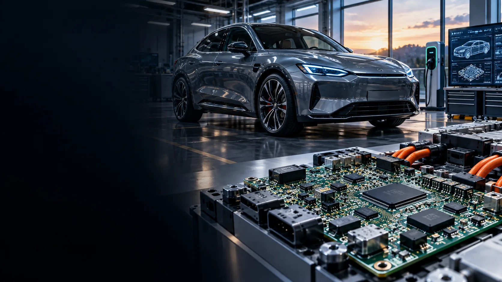 Electric vehicle and automotive PCB electronics in an engineering workshop