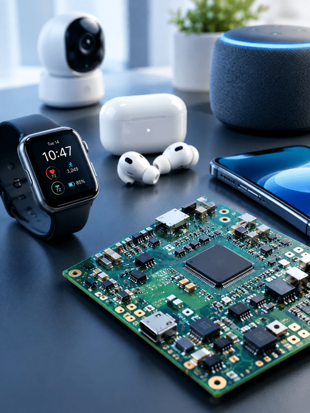 Consumer electronics products including a smartwatch, earbuds, smart camera, smart speaker, smartphone and populated PCB