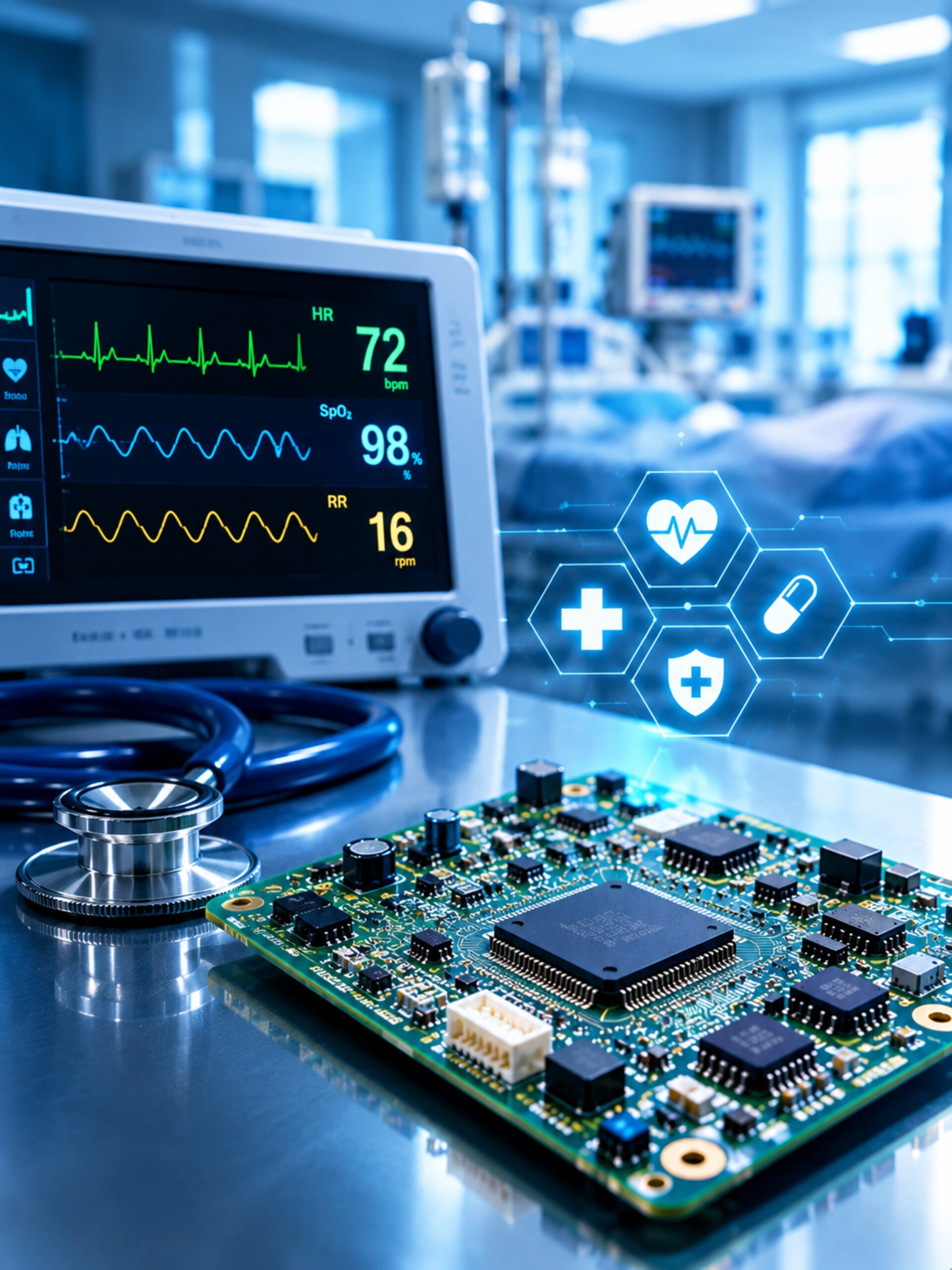 Medical monitoring equipment, stethoscope and PCB illustrating medical electronics applications